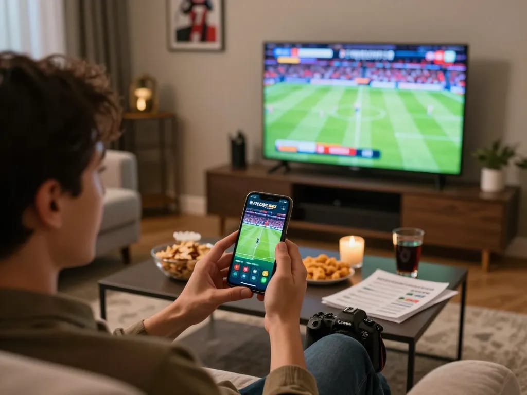 Windd user excitedly placing sports bets from a cozy living room.