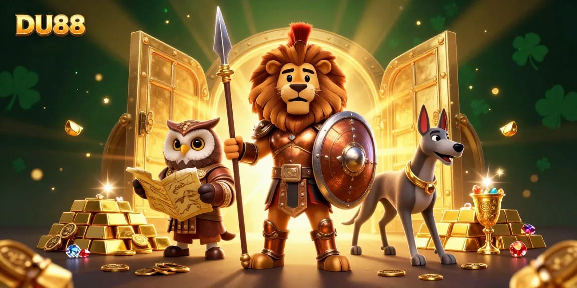 Experience the excitement of DU88 with a detailed illustration featuring a Spartan lion, owl strategist, and greyhound messenger.