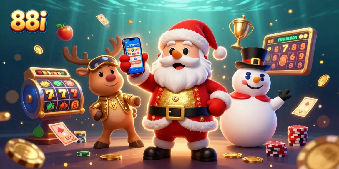 Experience the excitement of 88i with Santa celebrating jackpots in a vibrant casino scene.