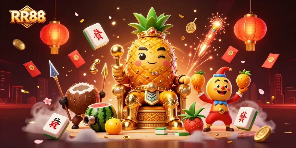 Experience the vibrant world of RR88 casino with a golden pineapple king in a festive setting, enjoying thrilling games.