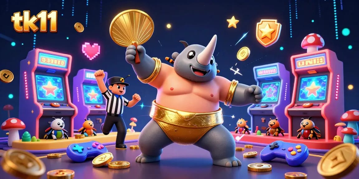 tk11's vibrant scene showcases a sumo beetle champion triumphantly releasing coins while interactive games buzz around.