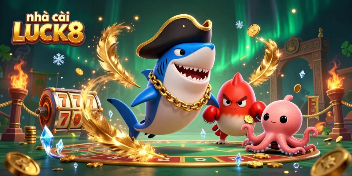 Experience the thrill of gambling with nhà cái LUCK8 featuring animated characters and casino elements.