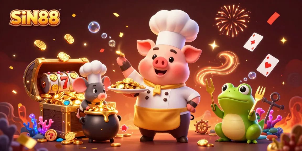 SIN88 showcases a lively casino scene with a chef pig and magical gold elements.