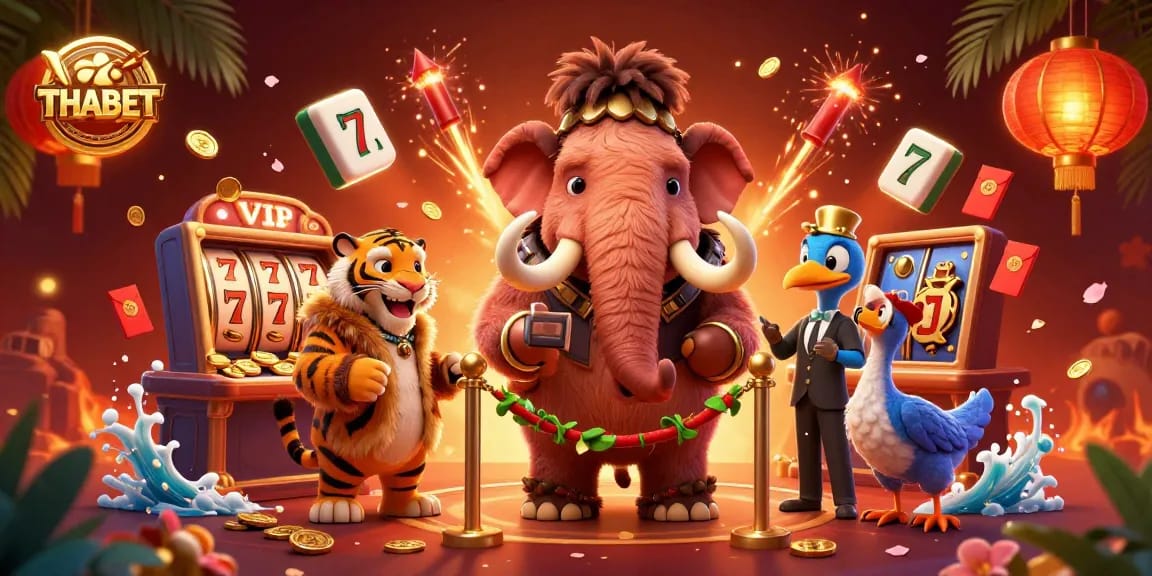 Experience the thrill of THABET with a vibrant casino scene featuring unique characters and jackpot elements.