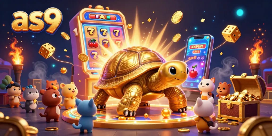 Engaging scene showcasing as9 with a golden tortoise pinball machine surrounded by dynamic casino elements and excited animals.