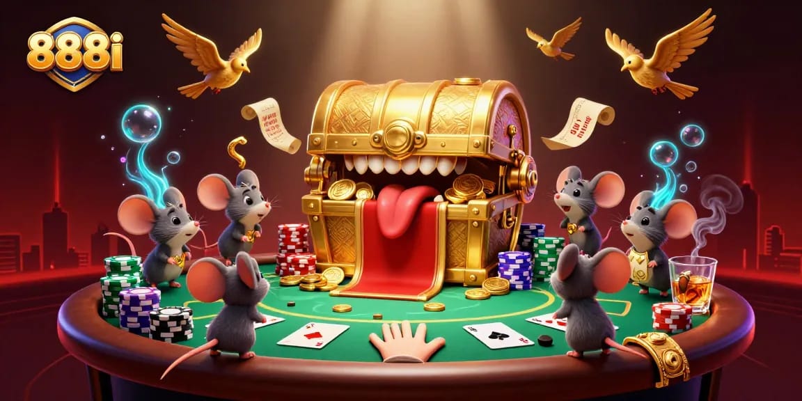 Engage with the vibrant 888i world, featuring a treasure chest and dynamic casino elements.
