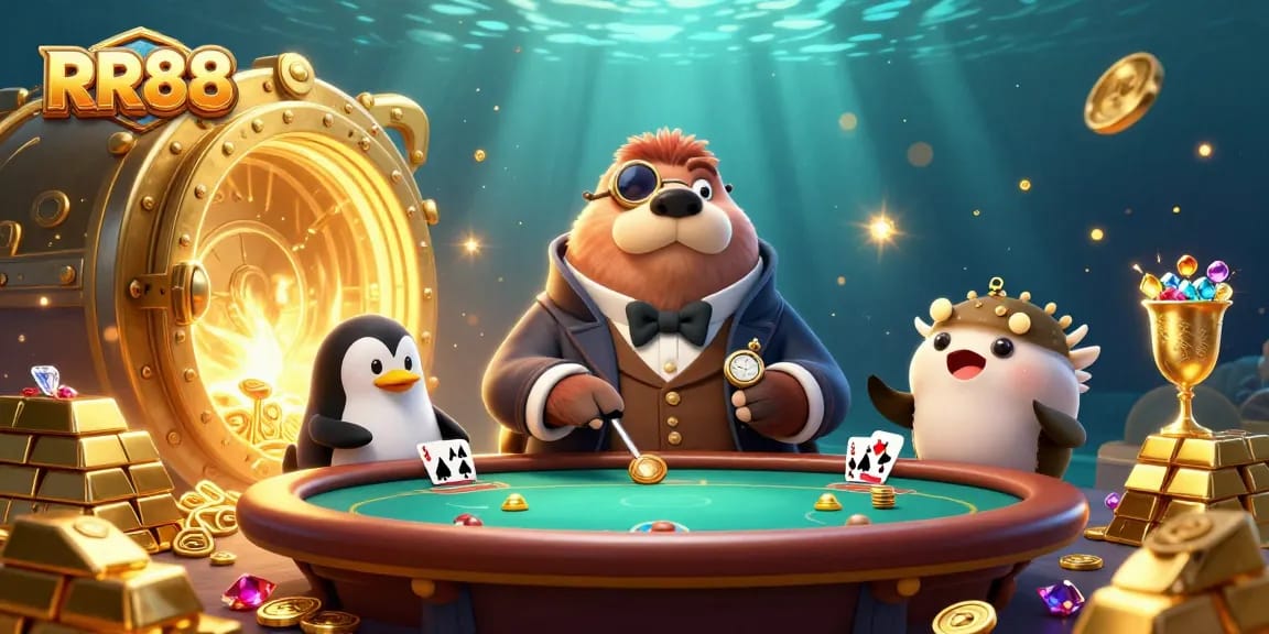 RR88 showcases a vibrant underwater poker scene with playful characters and lavish treasures.