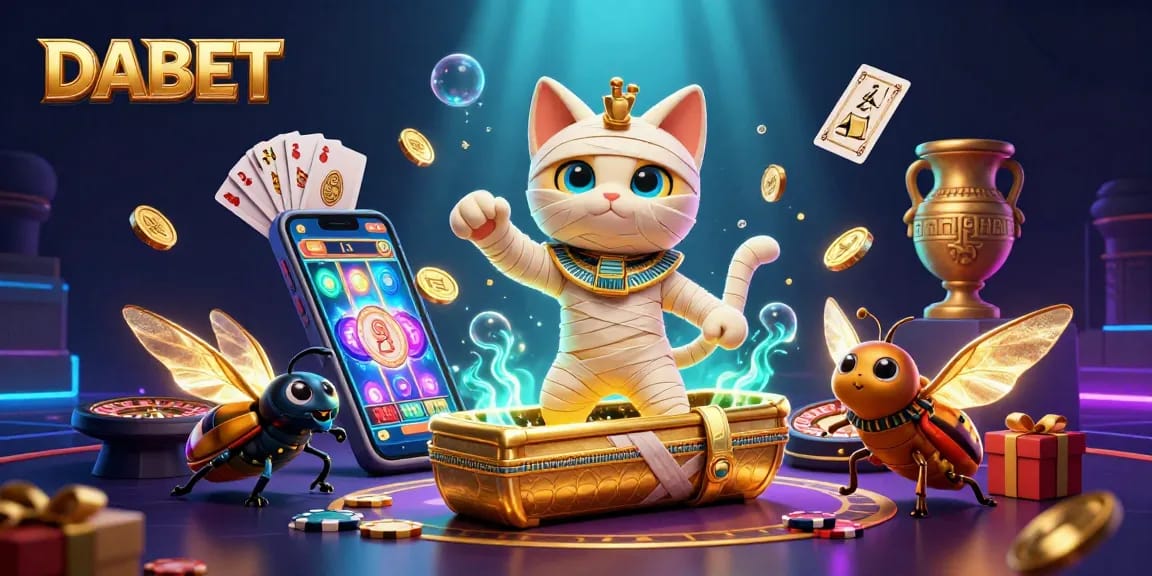 DABET presents a vibrant casino scene with a mummy cat and glowing scarab, emphasizing gaming excitement