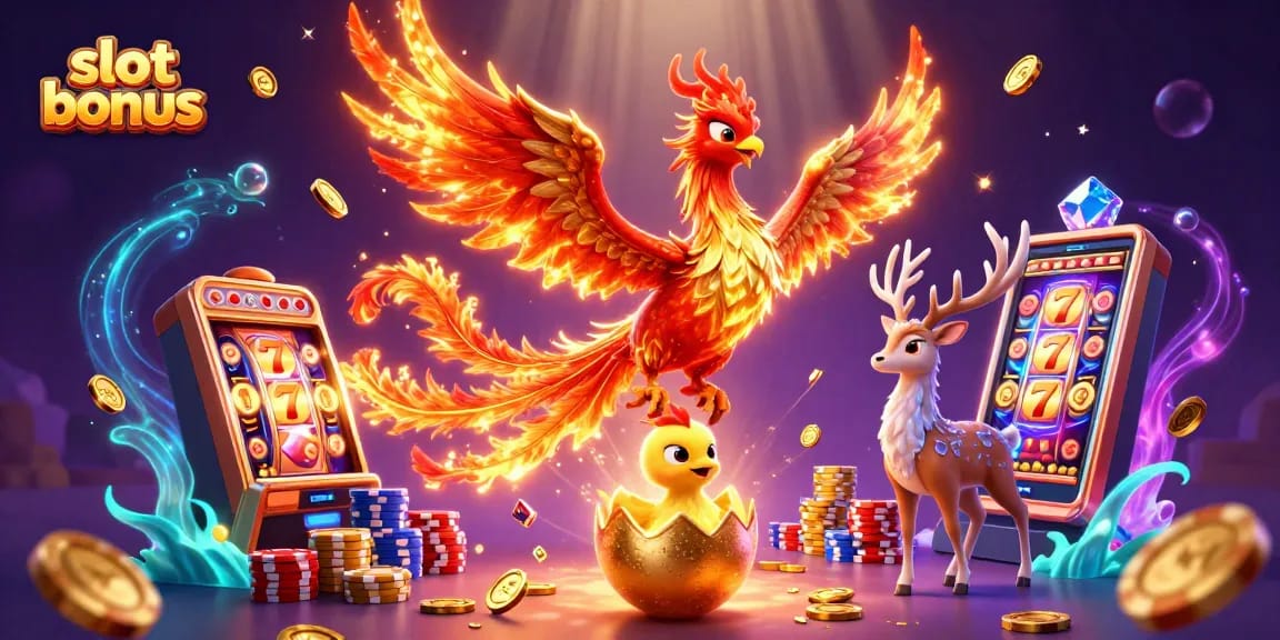 Permainan slot bonus dengan karakter phoenix berapi dan simbol keberuntungan muncul dalam kebisingan koin emas.