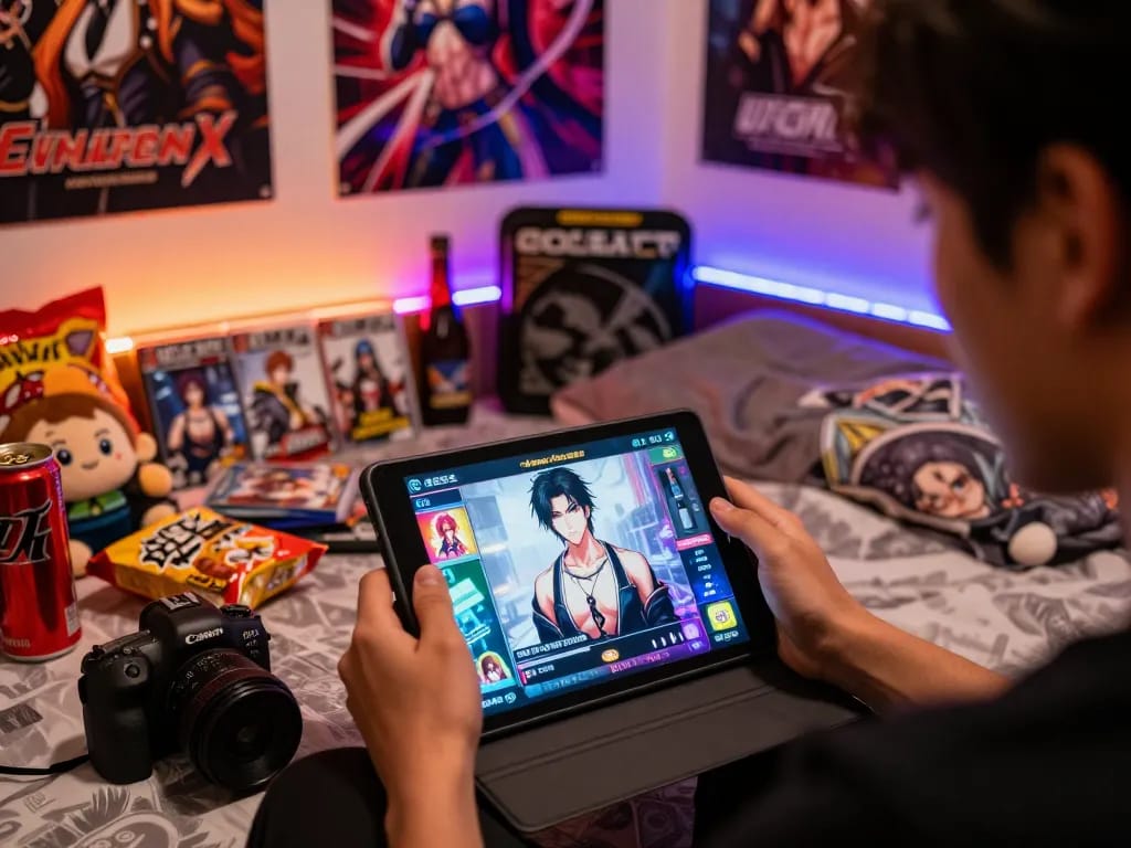 Engaging adult gaming scene with lewd visual novel gameplay on tablet showcasing character art, cozy bedroom atmosphere.
