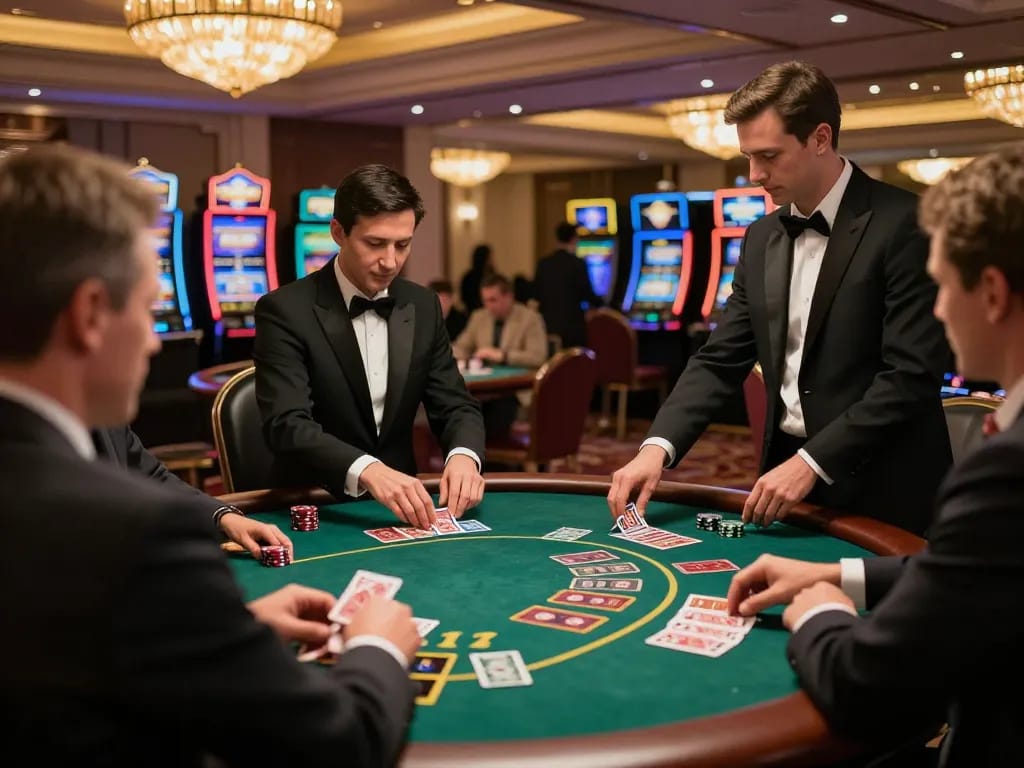 go8 players strategizing at a blackjack table in a stunning casino setting