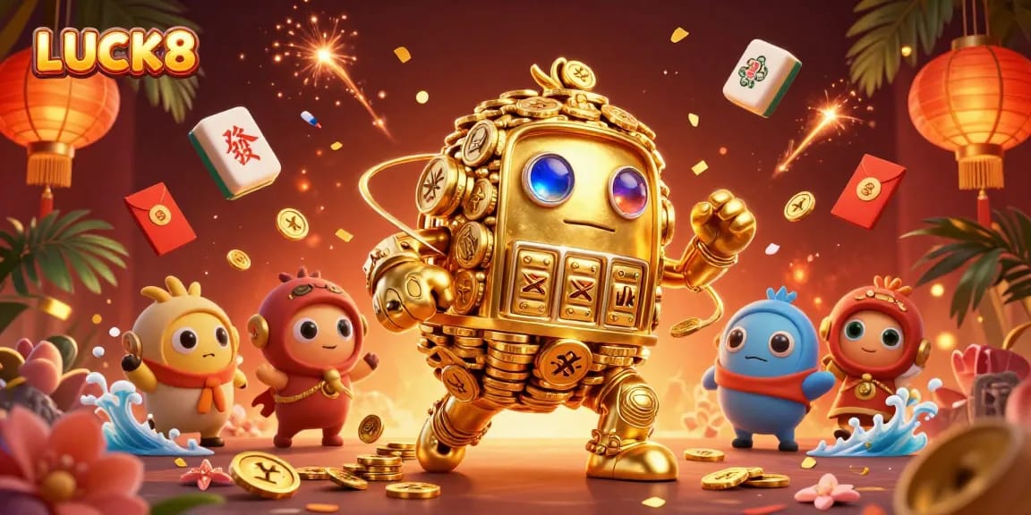 LUCK8 enhances your betting experience with a vibrant 3D casino illustration packed with game symbols.