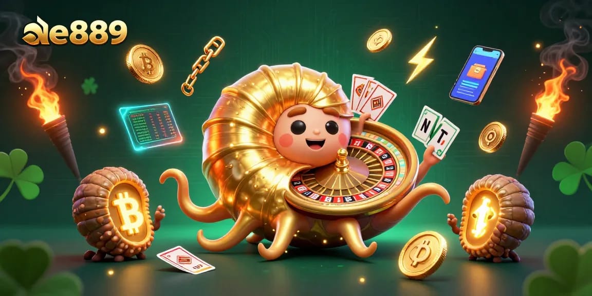 Engage with ae889's vibrant casino world featuring a giant nautilus roulette and neon crypto elements.