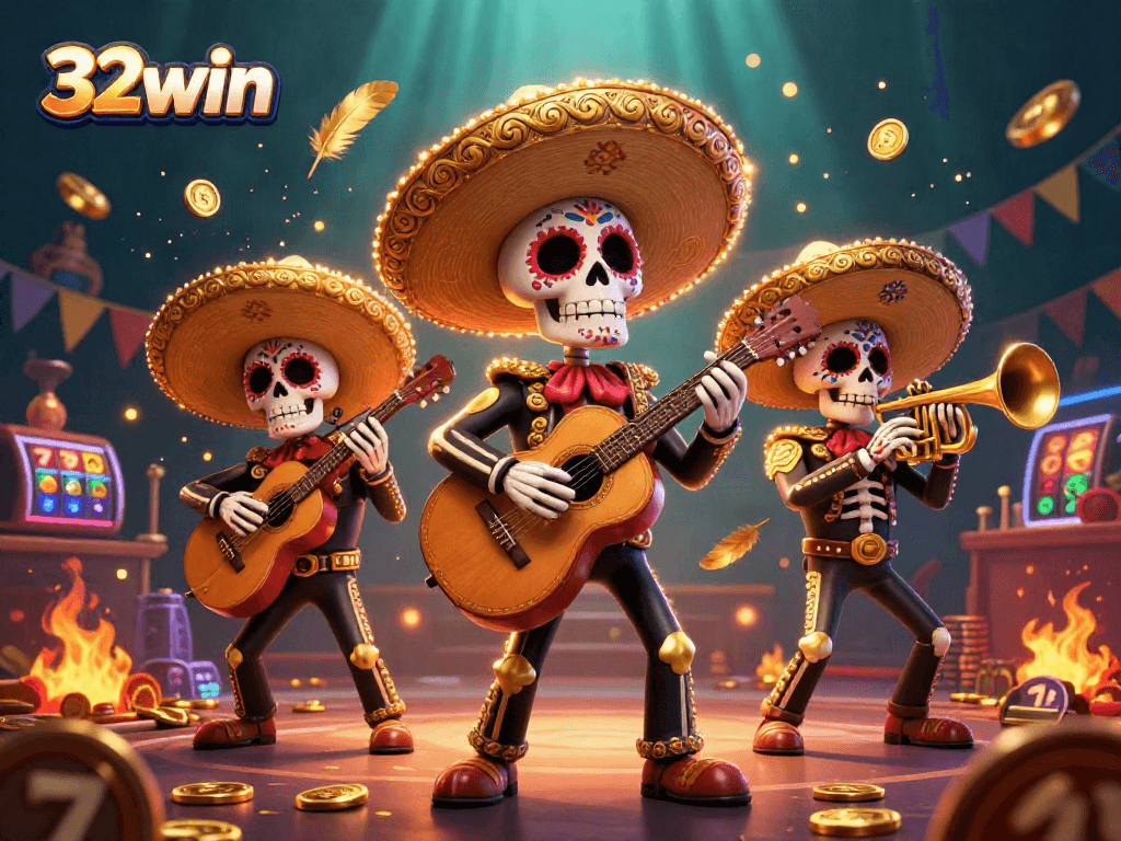 Join the excitement of 32win with a festive mariachi scene featuring vibrant casino slots and characters.