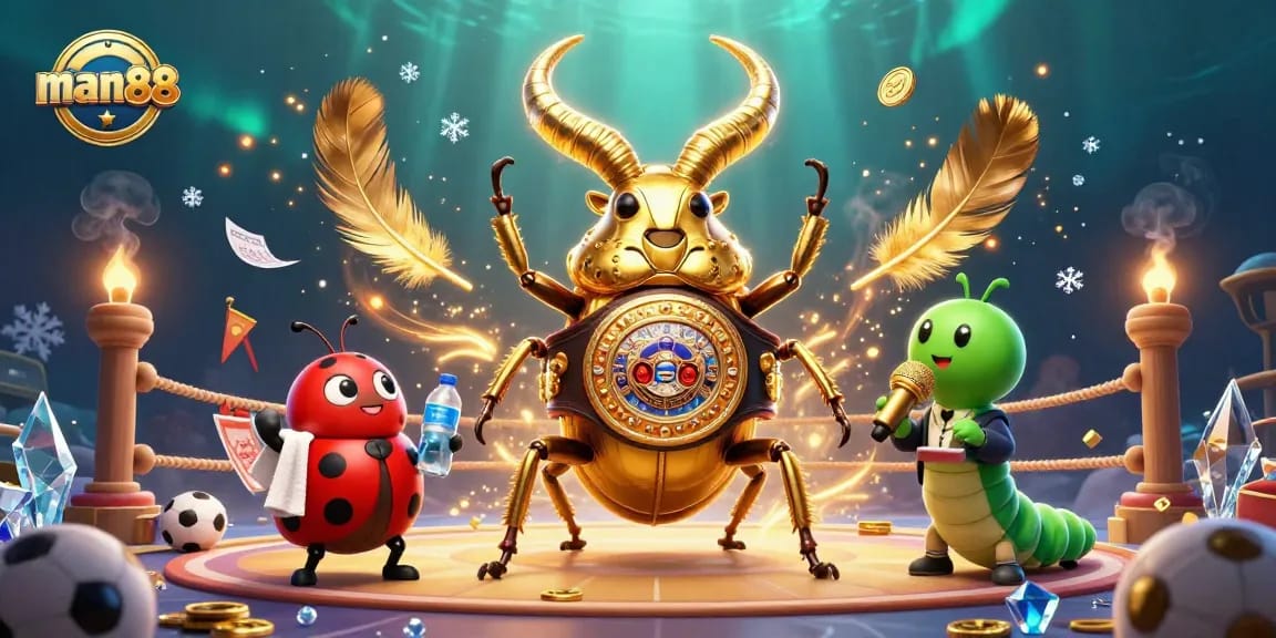 Engage in thrilling sports betting with man88 featuring a giant stag beetle champion in this vibrant 3D illustration.