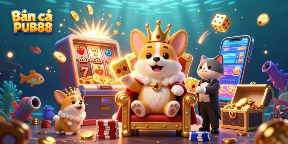Engage in the immersive Bắn cá PUB88 game experience with royal corgis and vibrant casino elements.