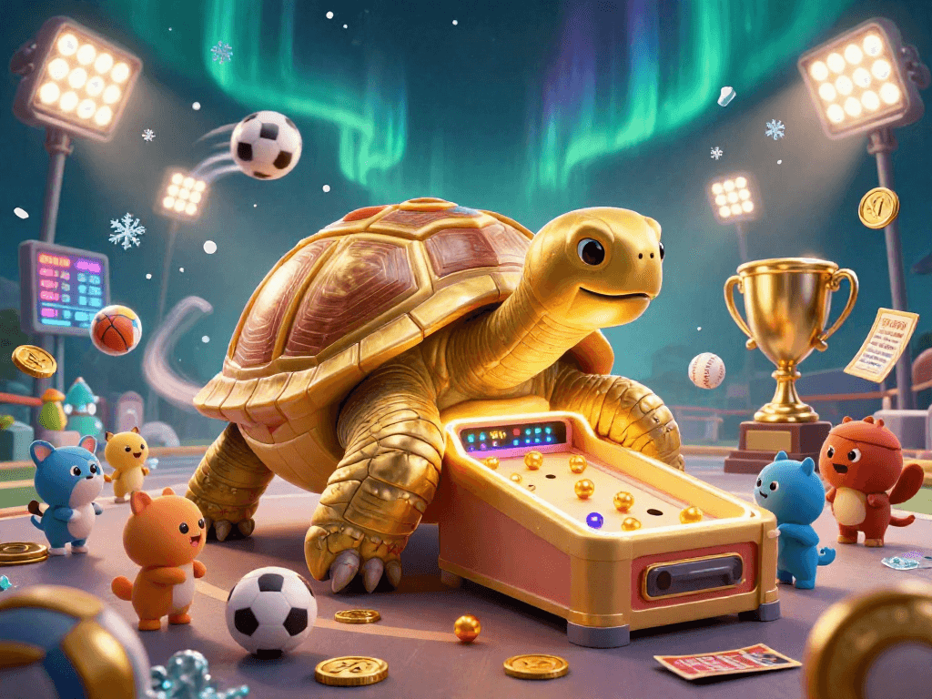 Engage with ta88ac in this lively 3D scene showcasing a playful tortoise pinball game, sports elements, and colorful characters.