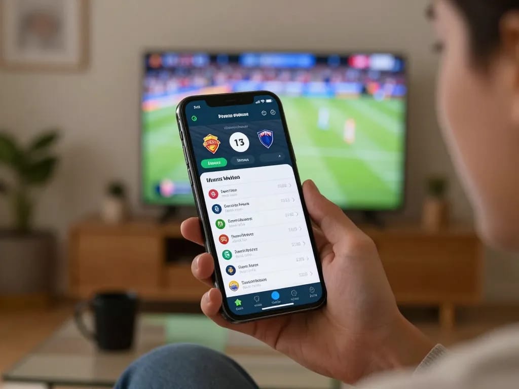 Person excitedly engaging with the 789 win sports betting app on smartphone while watching a game.
