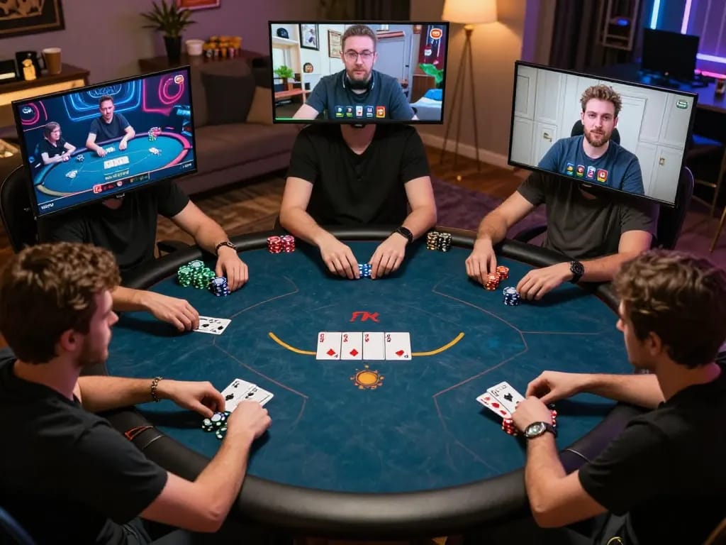 Engaged players strategizing in an online 33WIN poker tournament with vibrant graphics and cozy setups.