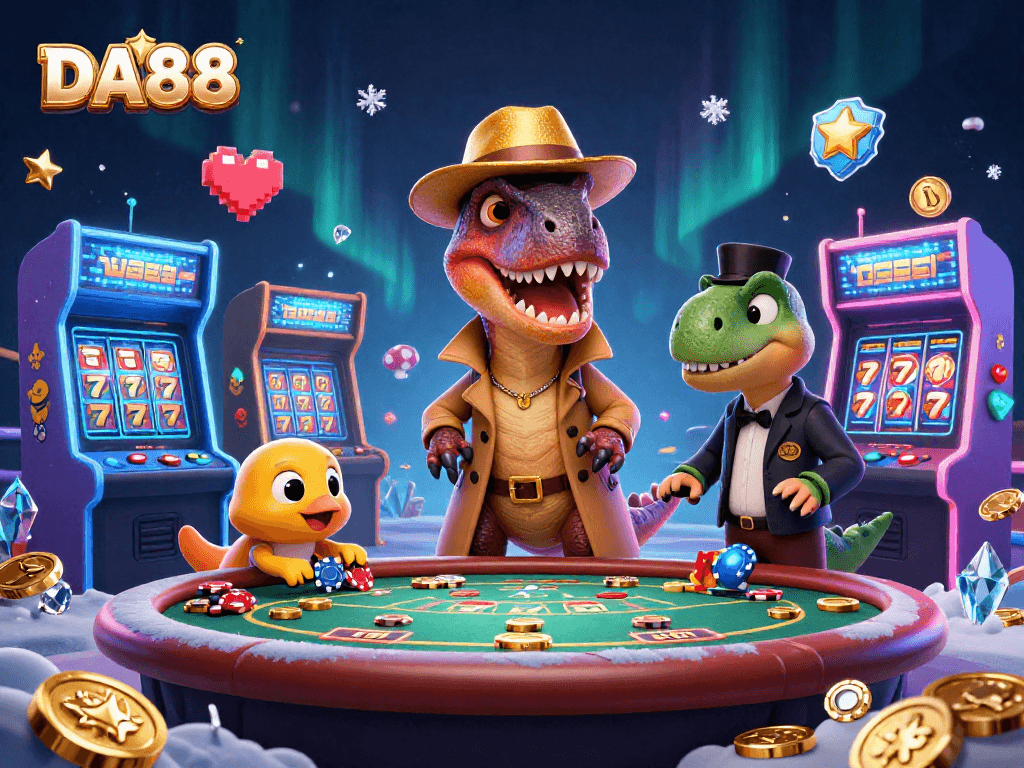 Engage with DA88's animated slots scene featuring a velociraptor card counter, stegosaurus pit boss, and compy pickpocket.