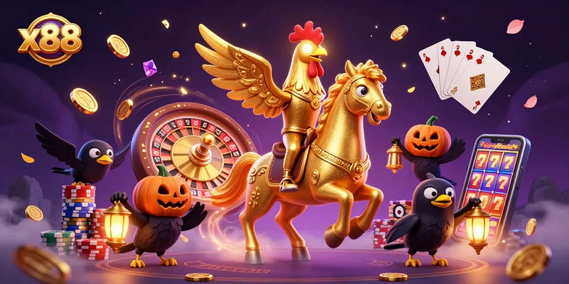 x88 showcases thrilling casino excitement with a golden rooster and crow companions amidst vibrant game elements.