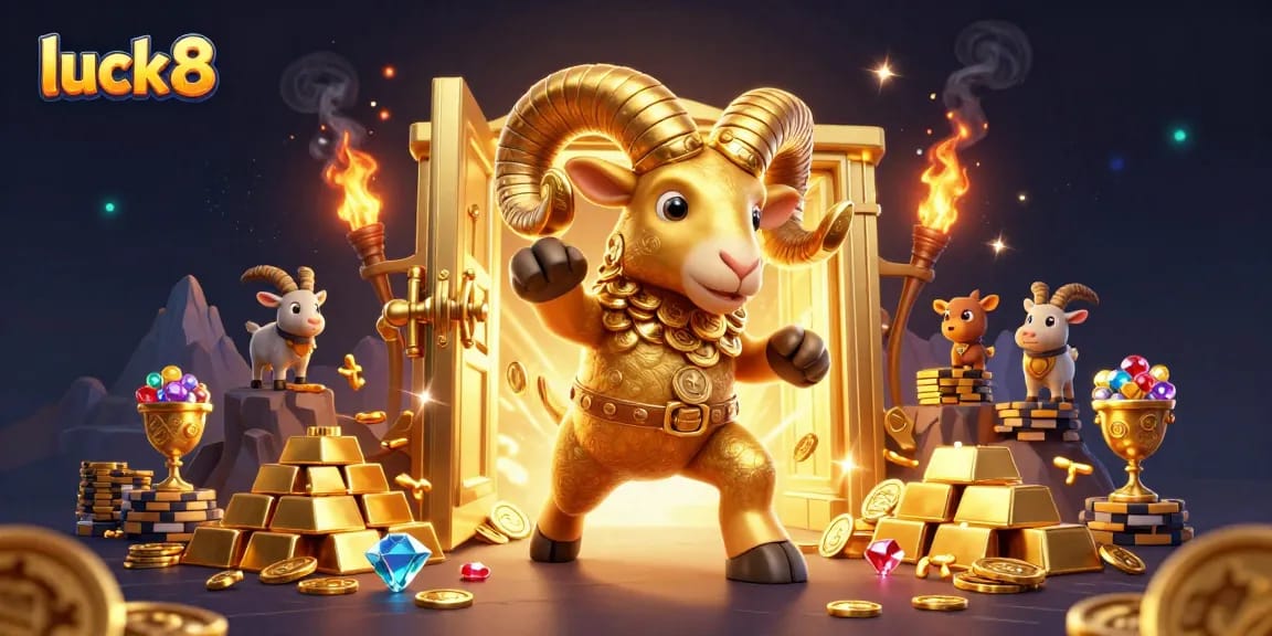 Experience luck8's vibrant casino scene featuring a majestic golden ram amidst dazzling treasures and excitement.