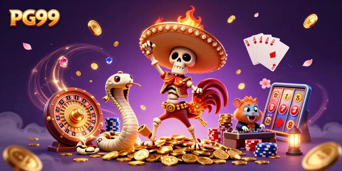 Experience the excitement of PG99 with a lively 3D casino scene featuring a mariachi rooster and golden coins.