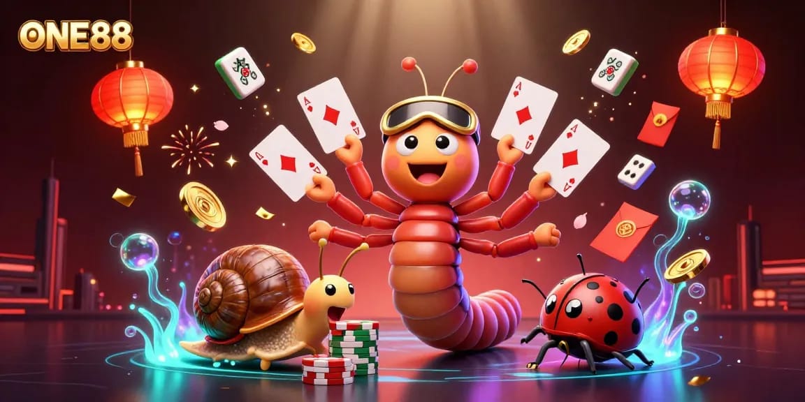ONE88 casino illustration with a millipede dealer and snails amidst vibrant gaming elements.