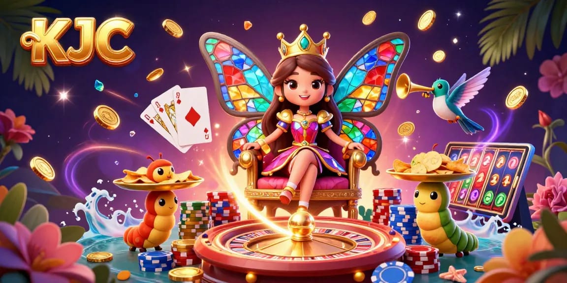 KJC casino illustration featuring a butterfly queen, golden chips, and vibrant game elements amidst a dynamic atmosphere.