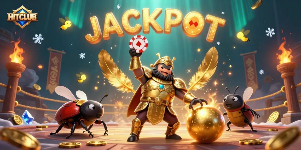 HITCLUB jackpot scene with 3D beetles celebrating victory in a vibrant casino arena