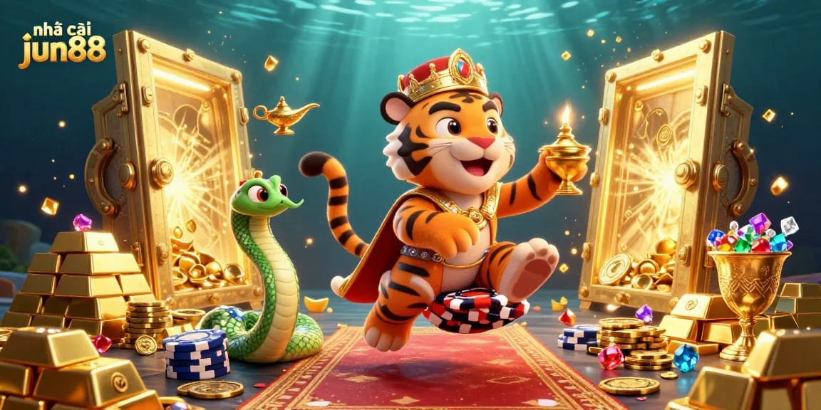 Experience excitement at nhà cái jun88 with a vibrant casino-themed illustration filled with treasures and gaming elements.