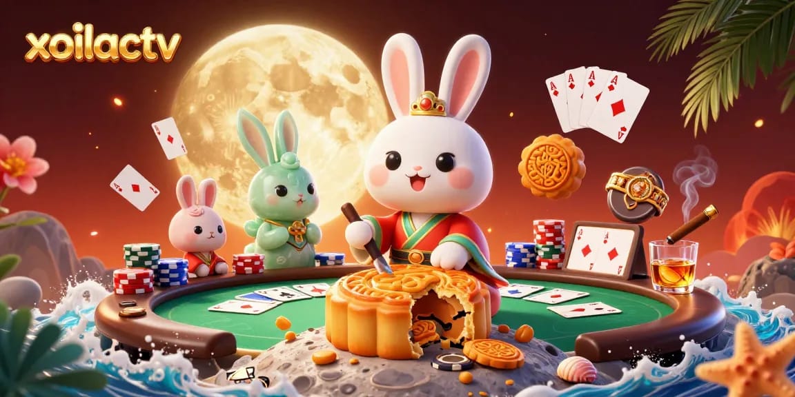 Xoilactv showcases an animated moon rabbit playing poker, surrounded by vibrant casino elements.