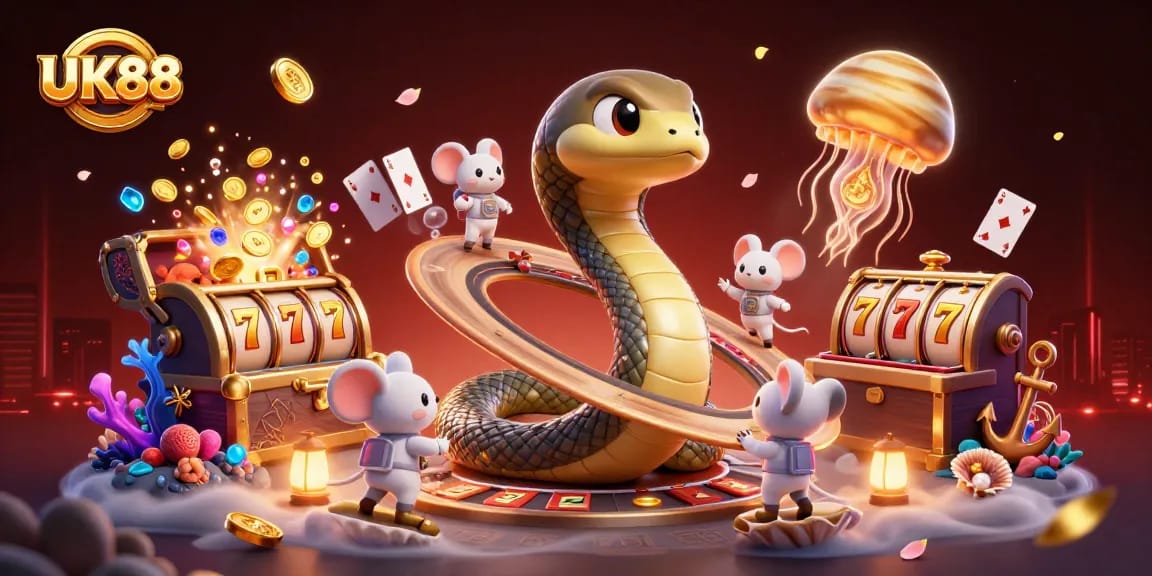 Engage in vibrant UK88 casino action with a Saturn ring snake, astronaut mice, and cosmic dealer.