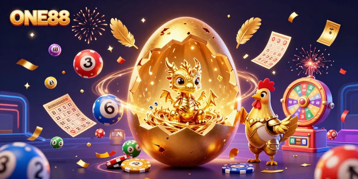 Engage with the thrilling gaming experience of ONE88, featuring golden treasures and vibrant lottery elements.