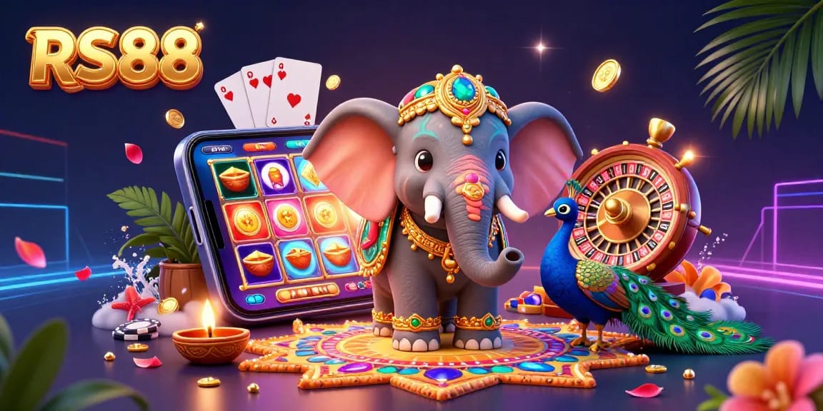 Engage with RS88 in this vibrant 3D illustration showcasing colorful gaming elements and rich cultural motifs.
