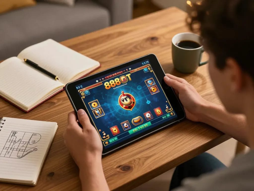 Player enjoying the 888slot game on a tablet, engaged in a cozy home environment, surrounded by strategy notes and coffee.