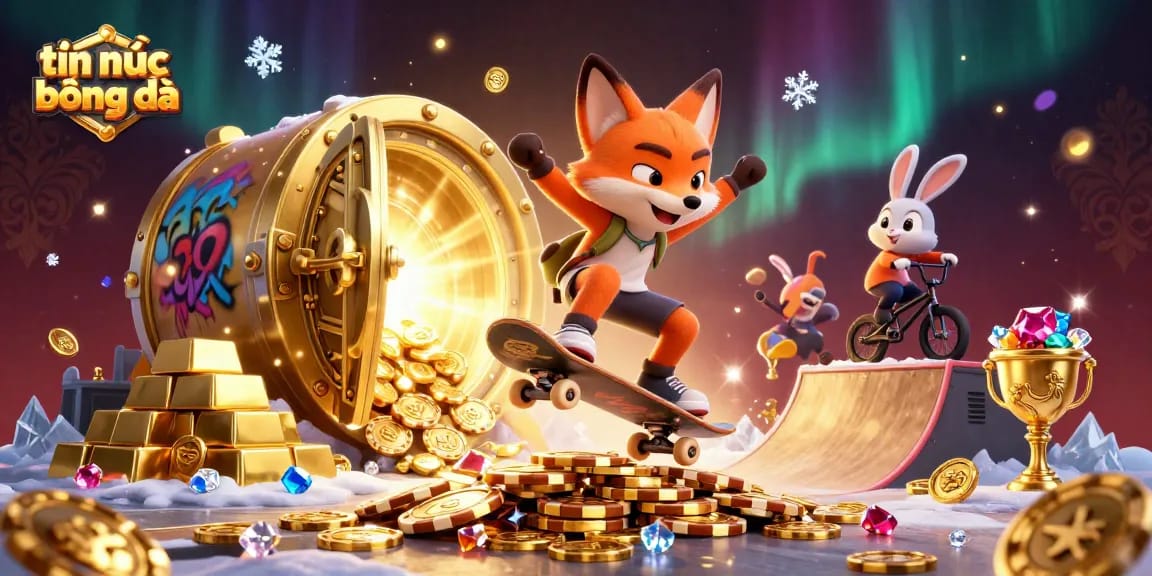 Experience tin tức bóng đá with thrilling events as a skateboarder fox maneuvers over golden poker chips, surrounded by dazzling casino elements.