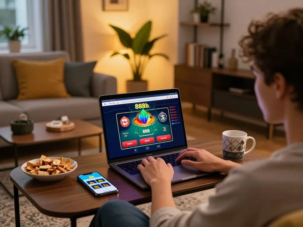 Engaged user exploring 888b online casino on laptop in cozy home setting, showcasing responsible gaming.