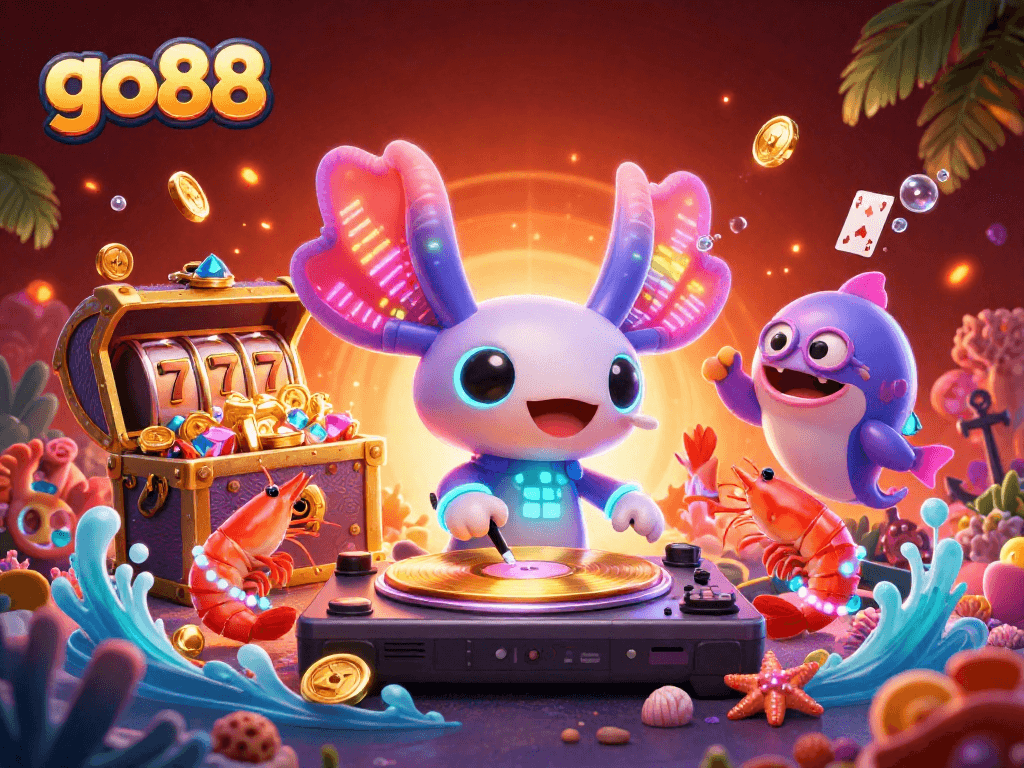 Experience go88's vibrant casino scene with a neon axolotl DJ and dynamic gameplay elements.