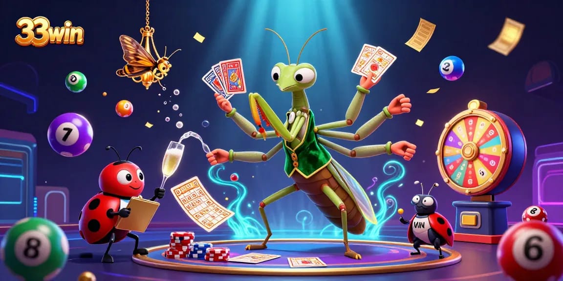 Experience 33win excitement with a lively casino scene of colorful lottery balls and dynamic card games.