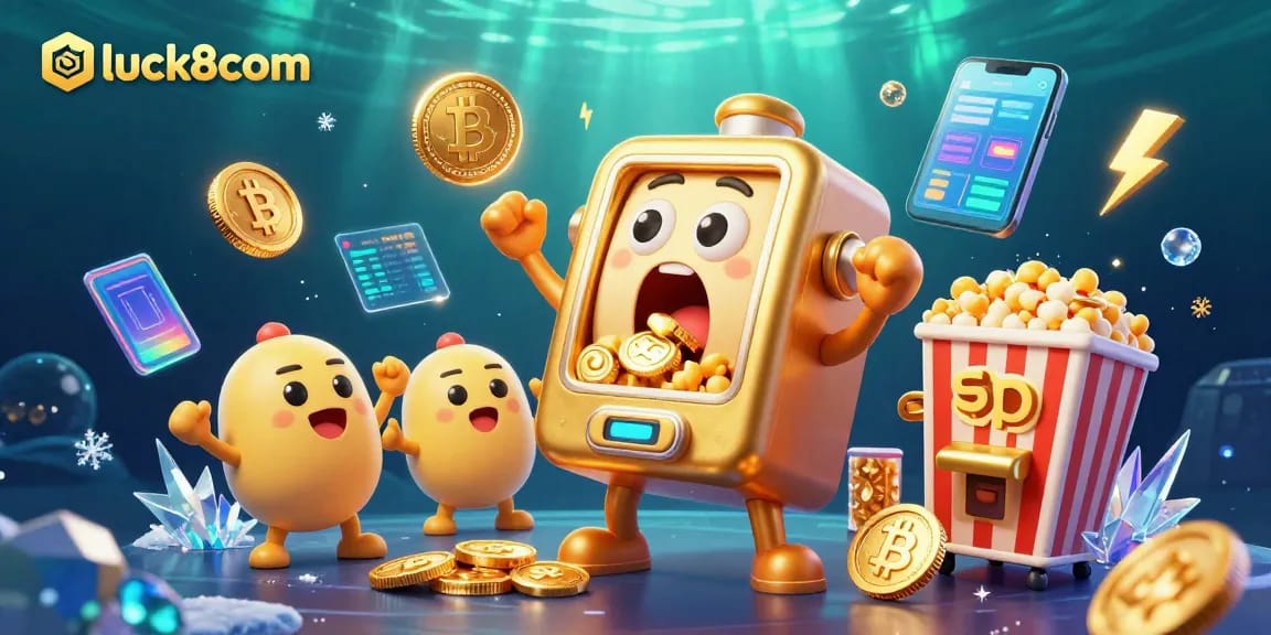 Experience excitement with luck8com as a cartoon slot machine hits the jackpot amidst glowing crypto coins.