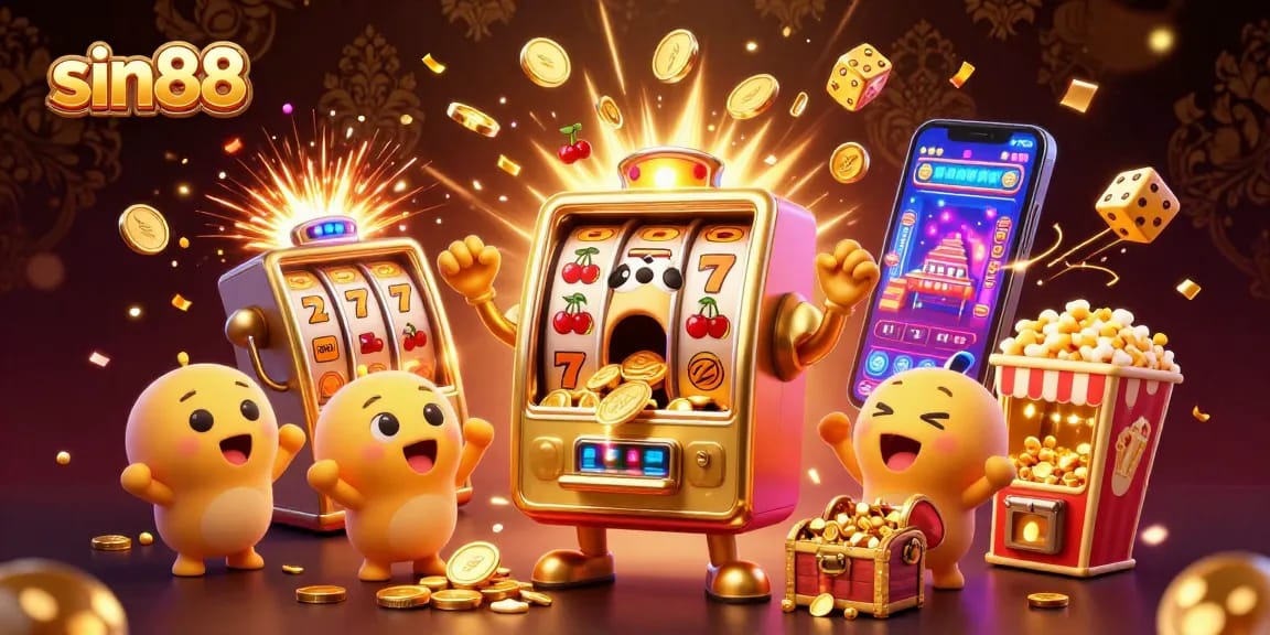 Experience the thrill of sin88 with a cheering golden slot machine hitting its jackpot in an exciting casino scene.