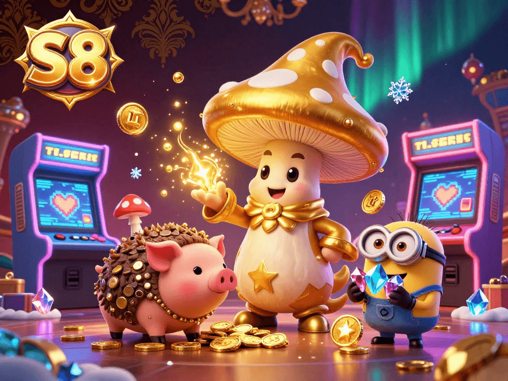S8 slot wizard game scene with a golden mushroom wizard, truffle pig and minions, treasure hunting in a vibrant casino.