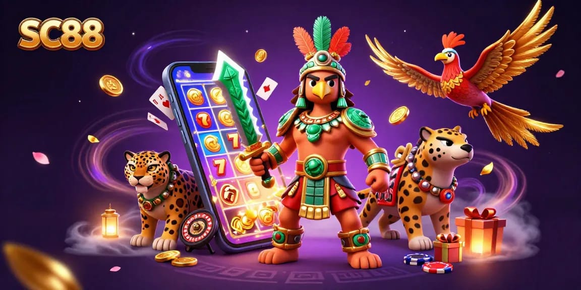 SC88 spins the reels of excitement in a vibrant casino scene with warriors and captivating games.