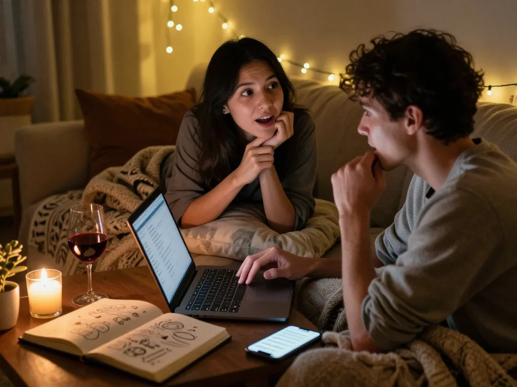 Engaging intimate sexchat scene with warm lighting, cozy atmosphere, and playful elements.