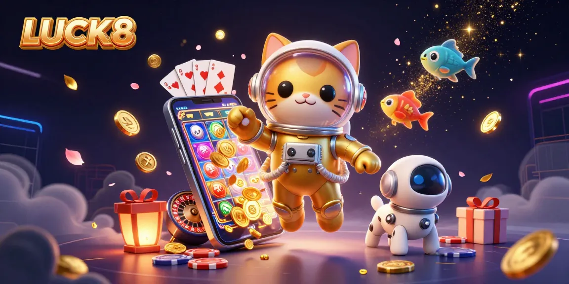 Engage with LUCK8's thrilling jackpot slots in a vibrant cosmic casino scene.