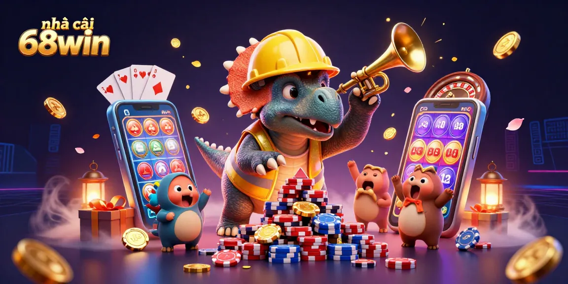 Experience excitement with nhà cái 68win as characters celebrate with poker chips and casino games.