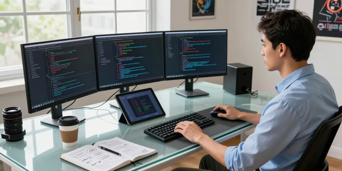 Workspace showcasing beta tools in use by a programmer, featuring multiple screens, coding essentials, and a bright atmosphere.