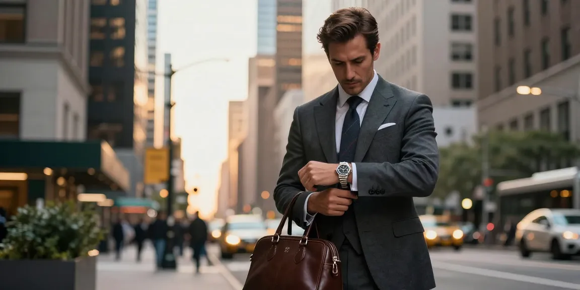 Stylish gentleman admiring his Rolex super clone watch in an upscale urban setting, showcasing sophistication and elegance.