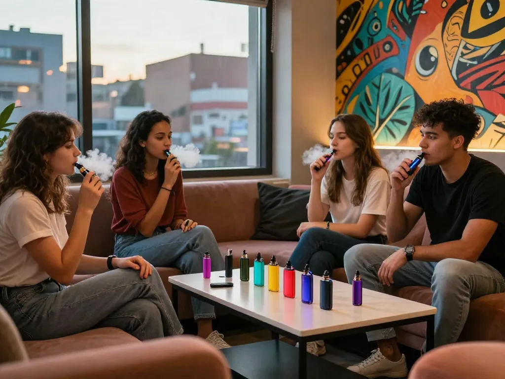 What is a nic salt showcased in a vibrant vaping lounge with diverse individuals enjoying rechargeable vape kits.